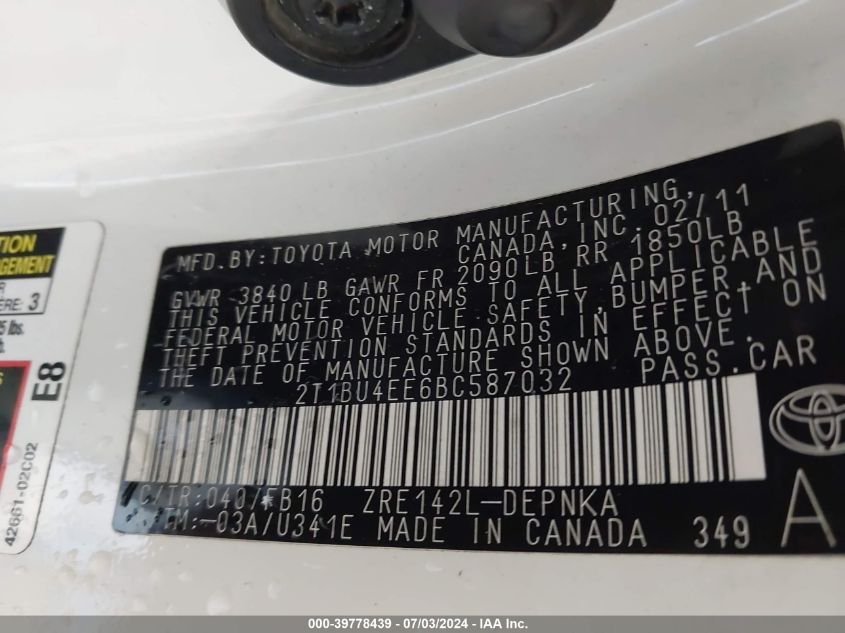 2011 Toyota Corolla S/Le VIN: 2T1BU4EE6BC587032 Lot: 39778439