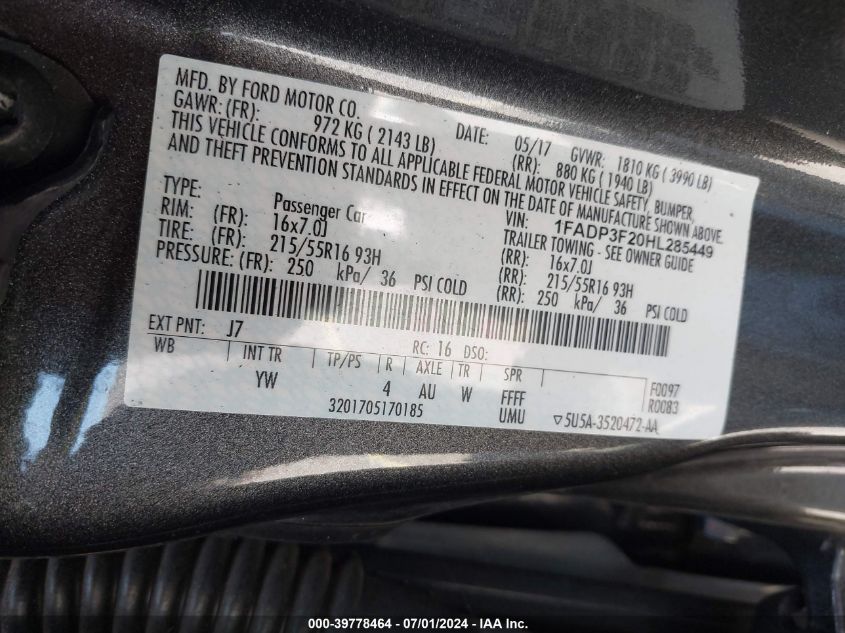 1FADP3F20HL285449 2017 Ford Focus Se