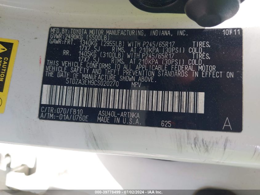 2012 Toyota Highlander VIN: 5TDZA3EH9CS020270 Lot: 39778499