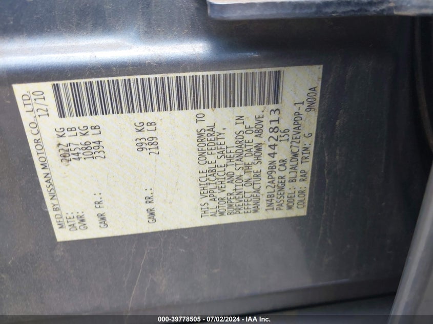 2011 Nissan Altima 3.5 Sr VIN: 1N4BL2AP9BN442813 Lot: 39778505