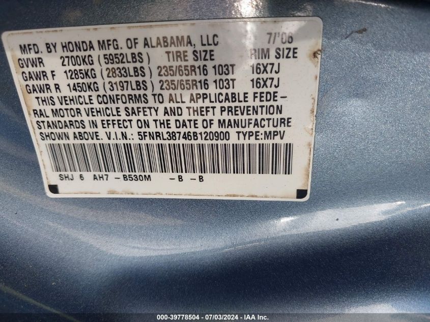 2006 Honda Odyssey Ex-L VIN: 5FNRL38746B120900 Lot: 39778504