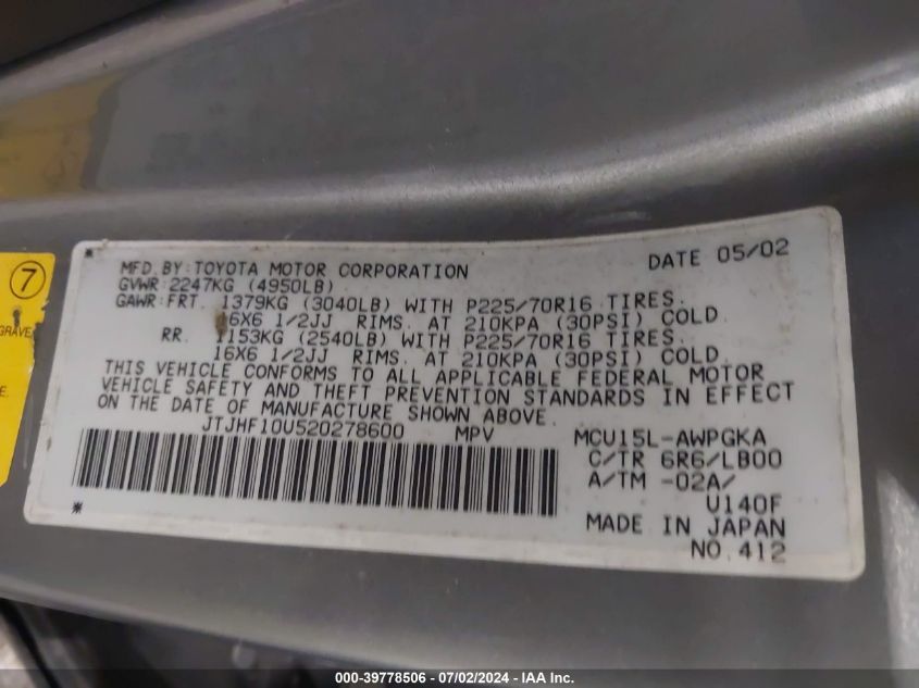 2002 Lexus Rx 300 VIN: JTJHF10U520278600 Lot: 39778506