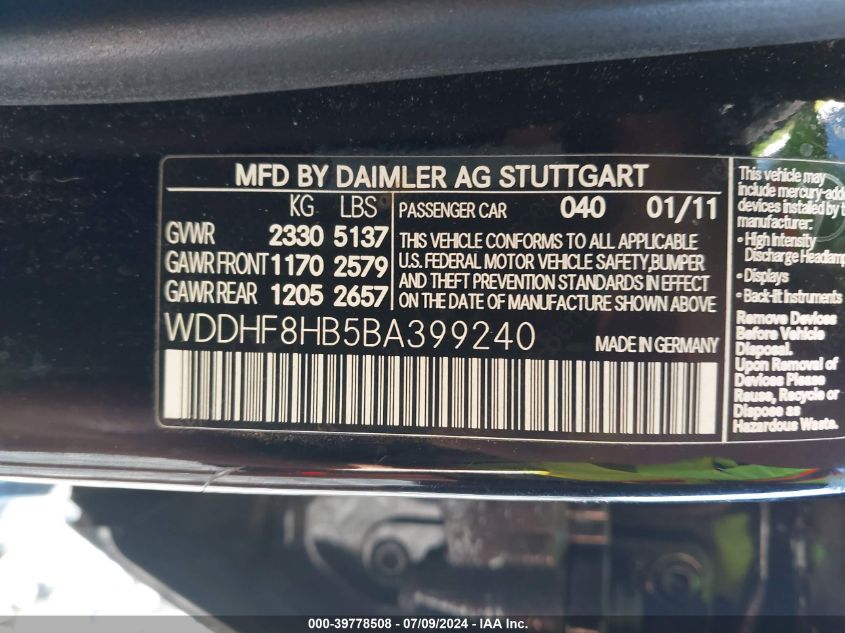 2011 Mercedes-Benz E 350 4Matic VIN: WDDHF8HB5BA399240 Lot: 39778508