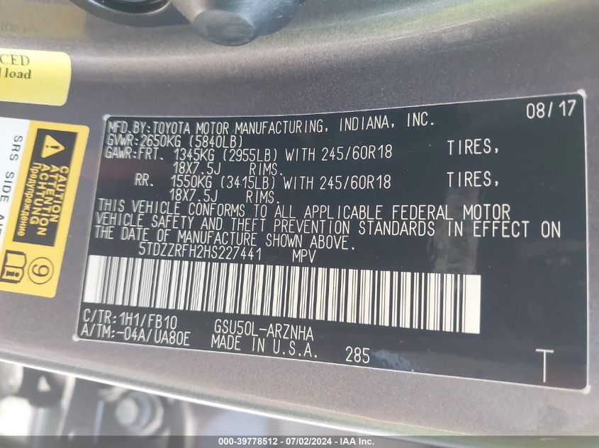 2017 Toyota Highlander Le VIN: 5TDZZRFH2HS227441 Lot: 39778512