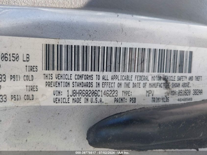 2006 Jeep Grand Cherokee Overland VIN: 1J8HR68206C146223 Lot: 39778517