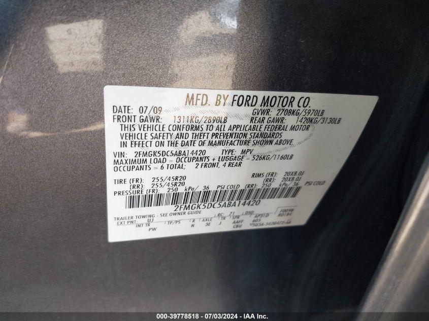 2010 Ford Flex Limited VIN: 2FMGK5DC5ABA14420 Lot: 39778518