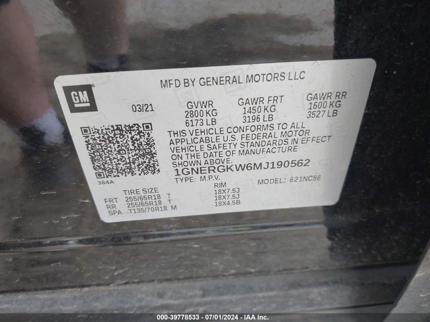 2021 Chevrolet Traverse Fwd Lt Cloth VIN: 1GNERGKW6MJ190562 Lot: 39778533