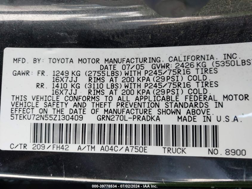 2005 Toyota Tacoma Dbl Cab Prerunner Lng Bed VIN: 5TEKU72N55Z130409 Lot: 39778534
