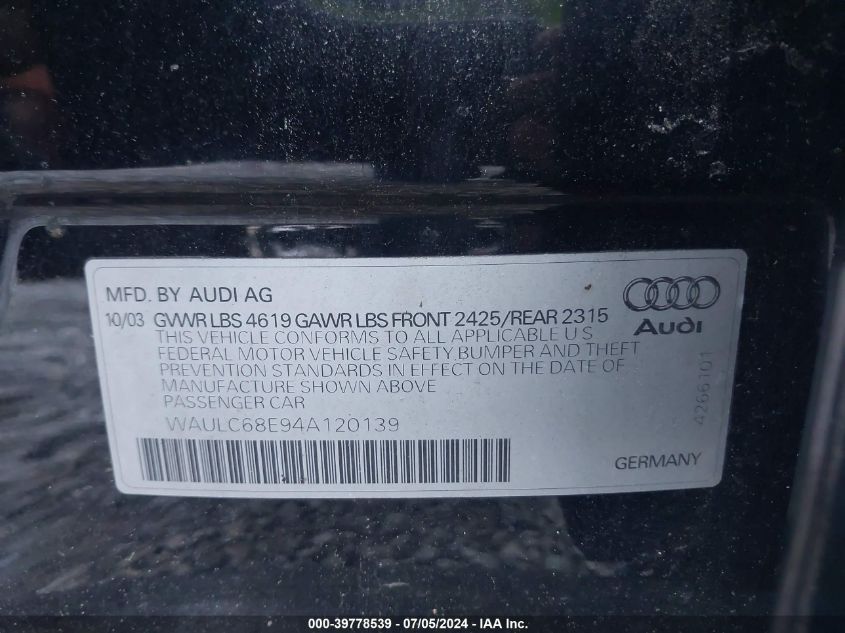 2004 Audi A4 1.8T Quattro VIN: WAULC68E94A120139 Lot: 39778539