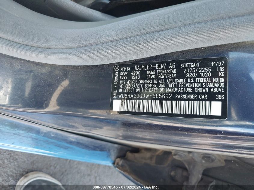 1998 Mercedes-Benz C 280 VIN: WDBHA29G3WF685692 Lot: 39778545