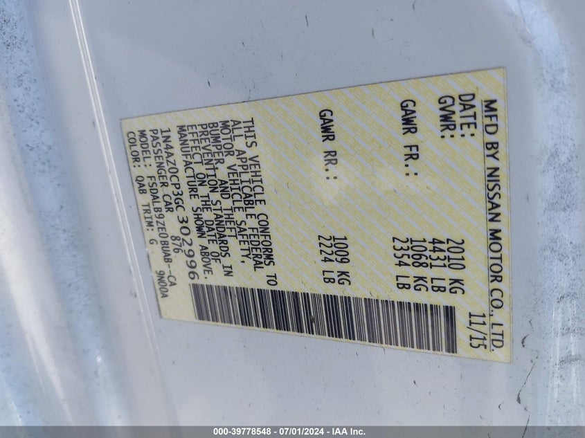 2016 Nissan Leaf S VIN: 1N4AZ0CP3GC302996 Lot: 39778548