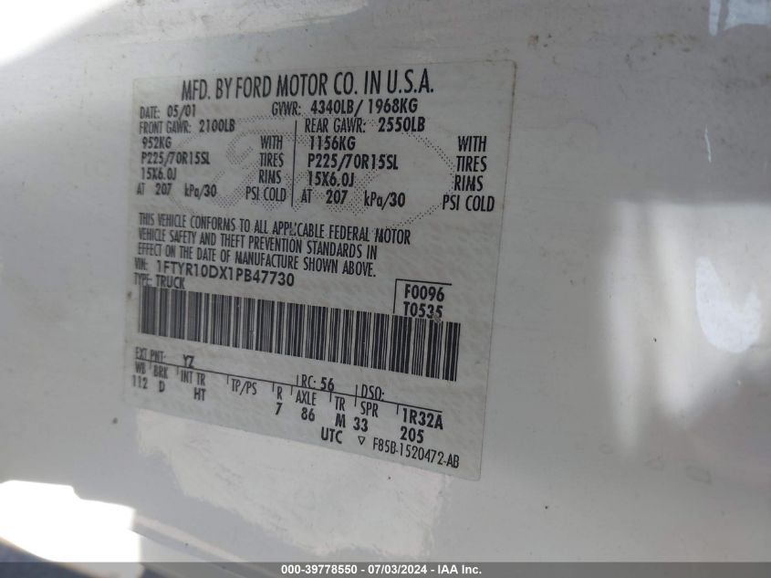 2001 Ford Ranger VIN: 1FTYR10DX1PB47730 Lot: 39778550