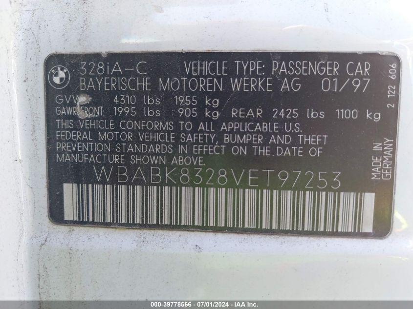 1997 BMW 328Ic VIN: WBABK8328VET97253 Lot: 39778566