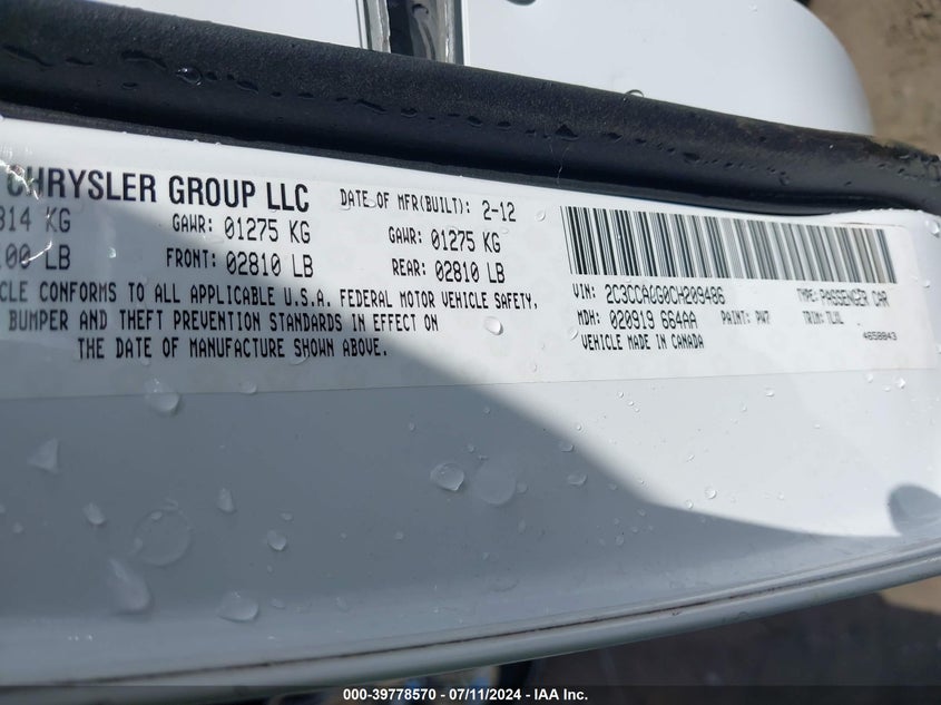 2012 Chrysler 300 Limited VIN: 2C3CCACG0CH209486 Lot: 39778570