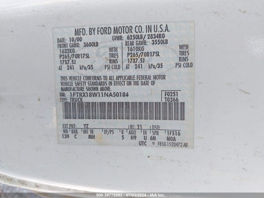 2001 Ford F-150 Lariat/Xl/Xlt VIN: 1FTRX18W11NA50184 Lot: 39778592