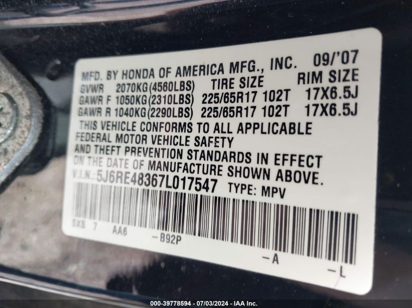 2007 Honda Cr-V Lx VIN: 5J6RE48367L017547 Lot: 39778594
