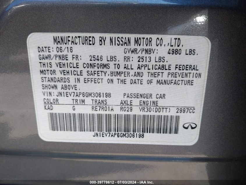 2016 Infiniti Q50 3.0T Premium VIN: JN1EV7AP6GM306198 Lot: 39778612