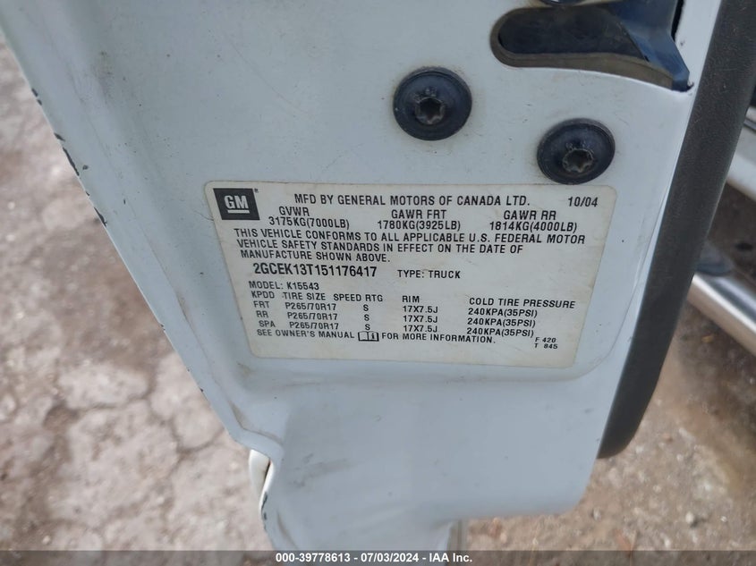 2005 Chevrolet Silverado K1500 VIN: 2GCEK13T151176417 Lot: 39778613