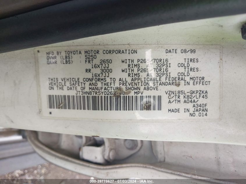 2000 Toyota 4Runner Limited V6 VIN: JT3HN87R5Y0262748 Lot: 39778627