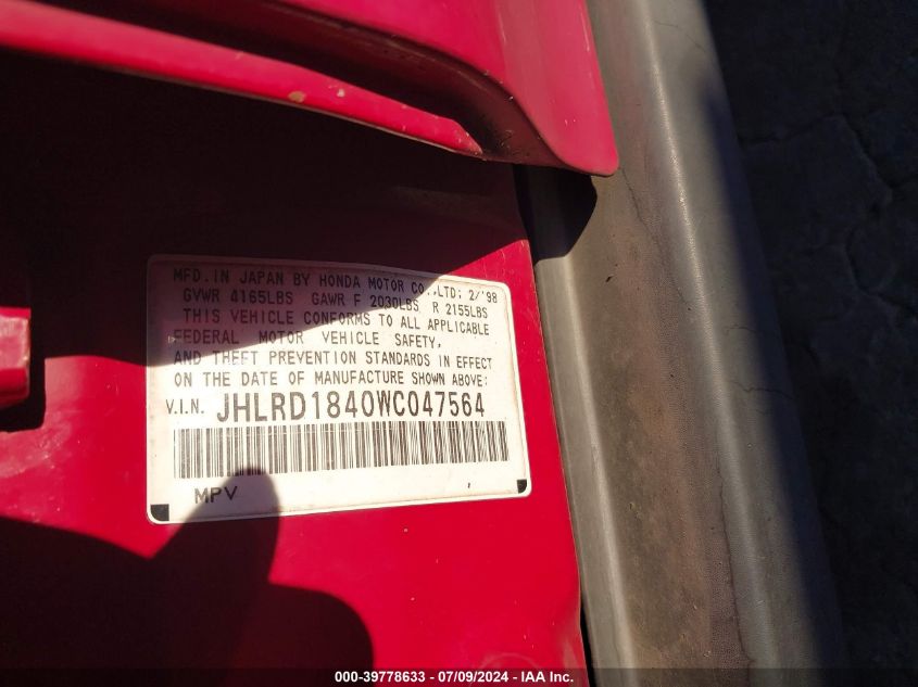 1998 Honda Cr-V Lx VIN: JHLRD1840WC047564 Lot: 39778633