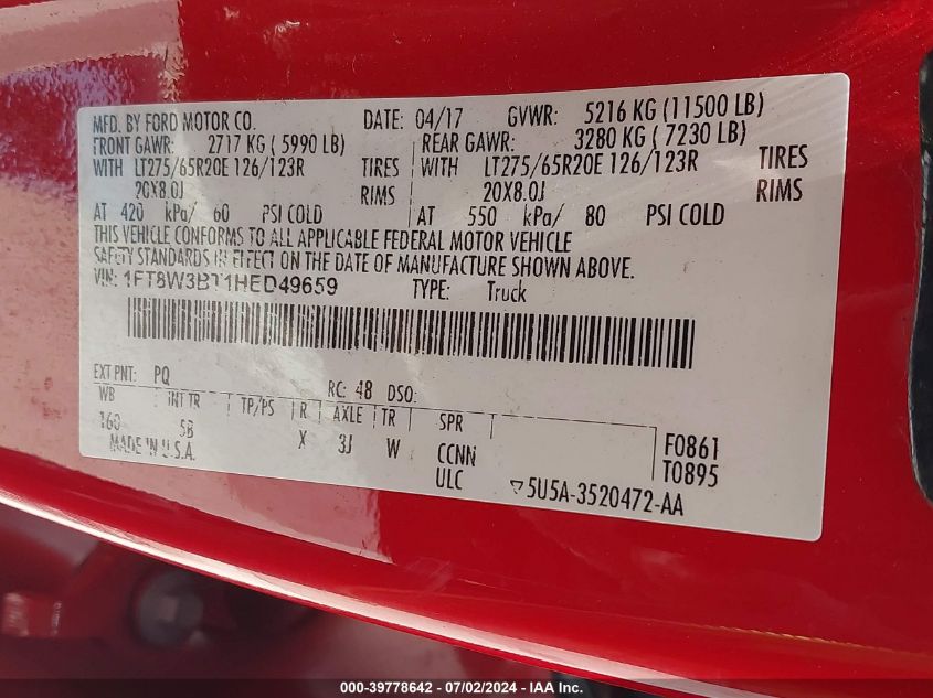 2017 Ford F-350 Lariat VIN: 1FT8W3BT1HED49659 Lot: 39778642