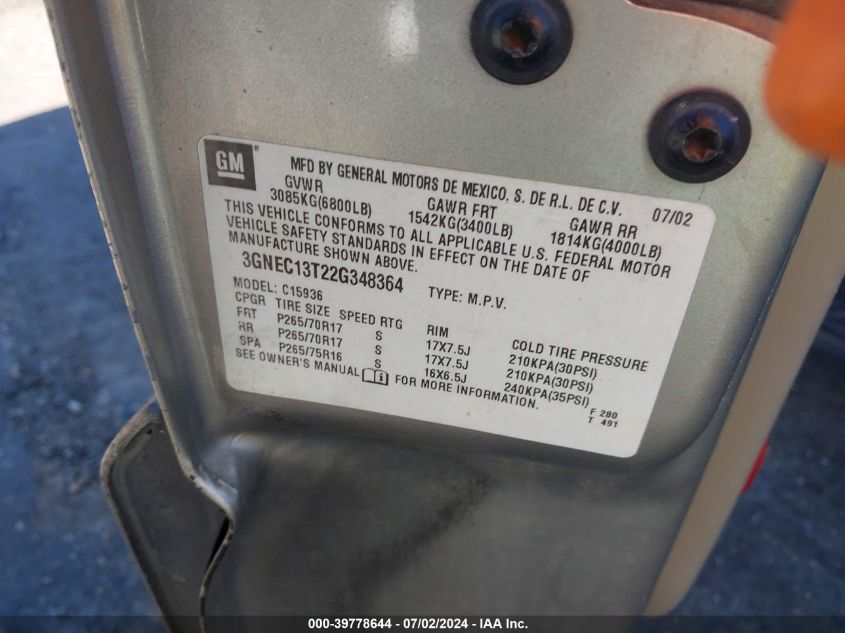 2002 Chevrolet Avalanche 1500 VIN: 3GNEC13T22G348364 Lot: 39778644