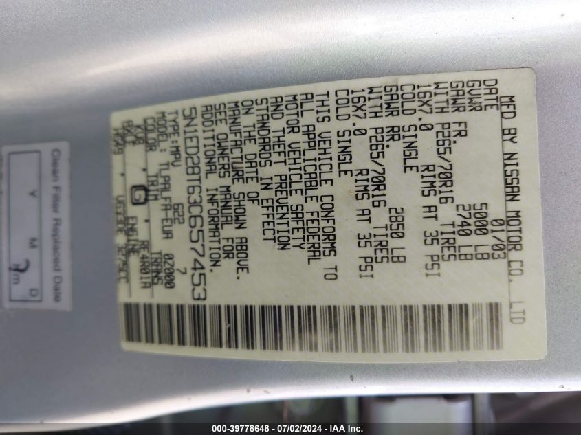 2003 Nissan Xterra Se VIN: 5N1ED28T63C657453 Lot: 39778648