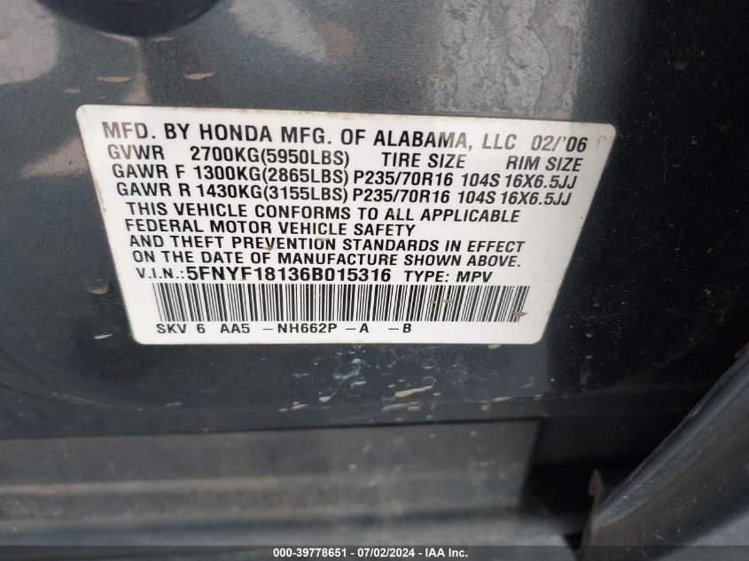 2006 Honda Pilot Lx VIN: 5FNYF18136B015316 Lot: 39778651