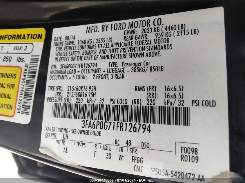 2015 Ford Fusion S VIN: 3FA6P0G71FR126794 Lot: 39778659