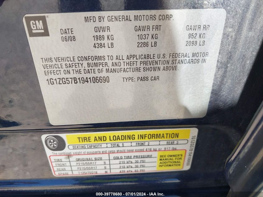 2009 Chevrolet Malibu Ls VIN: 1G1ZG57B194106690 Lot: 39778680