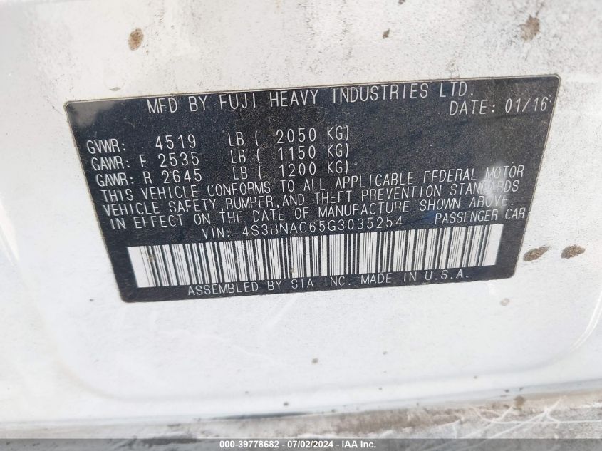 2016 Subaru Legacy 2.5I Premium VIN: 4S3BNAC65G3035254 Lot: 39778682