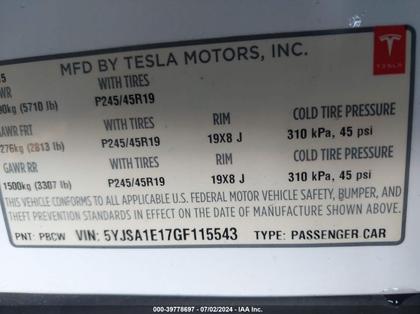 2016 Tesla Model S 60/70/75/85 VIN: 5YJSA1E17GF115543 Lot: 39778697