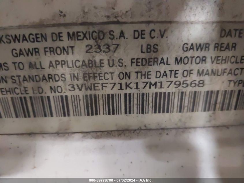 2007 Volkswagen Jetta Wolfsburg VIN: 3VWEF71K17M179568 Lot: 39778700