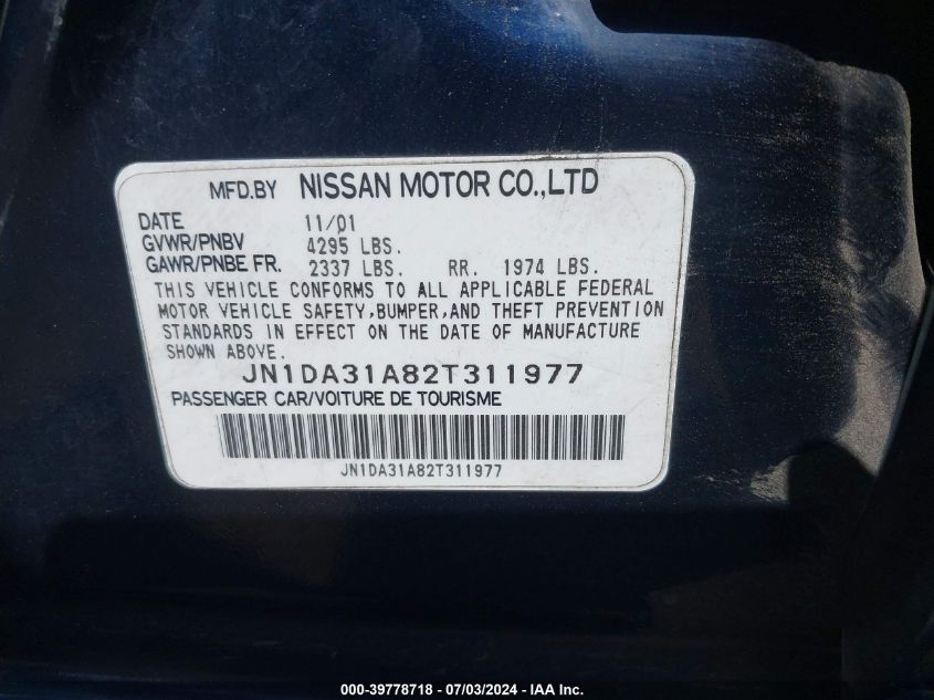 2002 Nissan Maxima Se VIN: JN1DA31A82T311977 Lot: 39778718