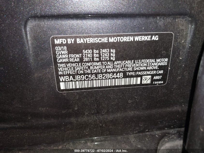 2018 BMW M550I xDrive VIN: WBAJB9C56JB286448 Lot: 39778722