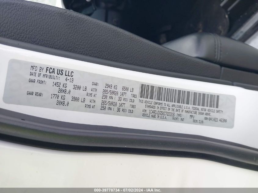 2019 DODGE DURANGO GT PLUS AWD - 1C4RDJDG5KC722316