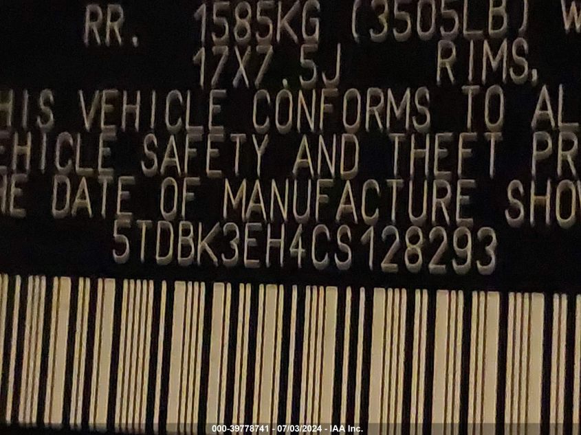 2012 Toyota Highlander Se V6 VIN: 5TDBK3EH4CS128293 Lot: 39778741