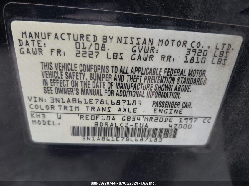 2008 Nissan Sentra 2.0/2.0S/2.0Sl VIN: 3N1AB61E78L687183 Lot: 39778744