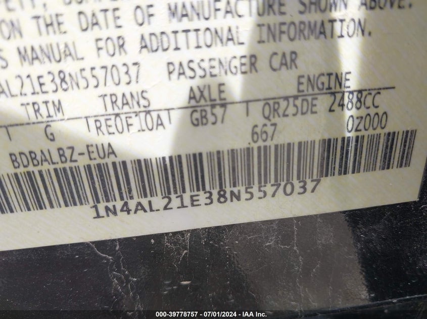 2008 Nissan Altima 2.5 S VIN: 1N4AL21E38N557037 Lot: 39778757