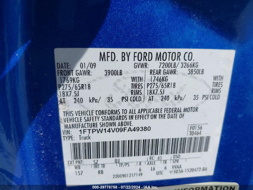 2009 Ford F-150 Fx4/King Ranch/Lariat/Platinum/Xl/Xlt VIN: 1FTPW14V09FA49380 Lot: 39778758