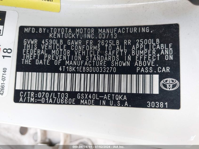 2013 Toyota Avalon Xle Touring VIN: 4T1BK1EB9DU033270 Lot: 39778781