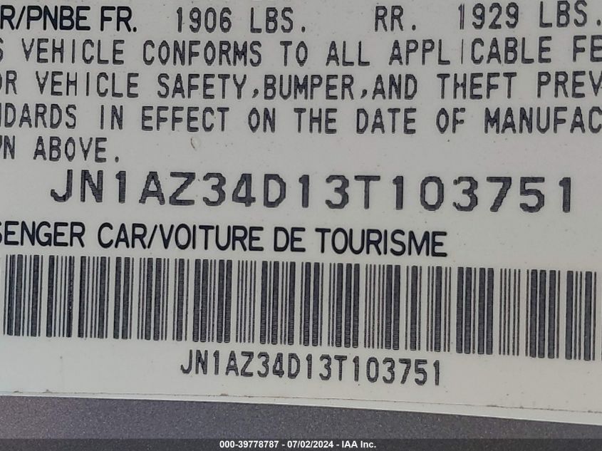 2003 Nissan 350Z Enthusiast VIN: JN1AZ34D13T103751 Lot: 39778787