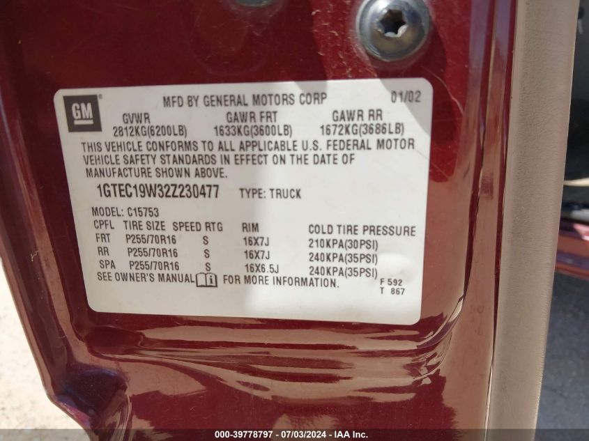 2002 GMC Sierra 1500 C1500 VIN: 1GTEC19W32Z230477 Lot: 39778797