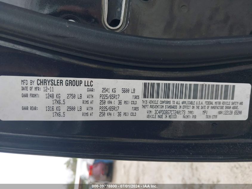 2012 Dodge Journey Sxt VIN: 3C4PDDBG7CT240173 Lot: 39778800