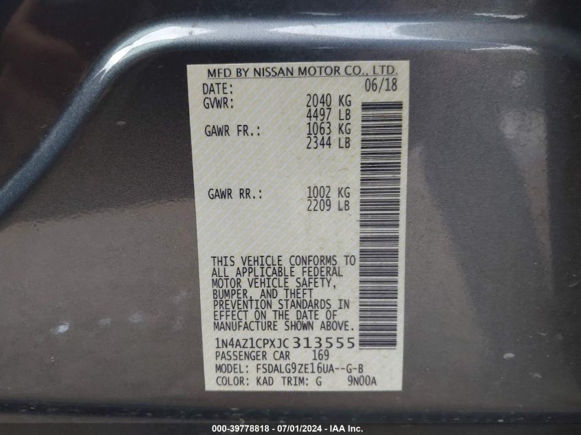 2018 Nissan Leaf Sl VIN: 1N4AZ1CPXJC313555 Lot: 39778818