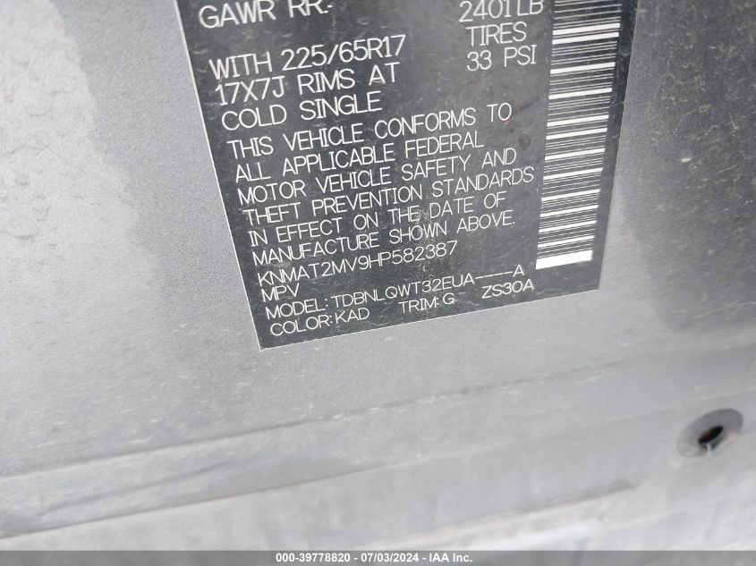 2017 Nissan Rogue S/Sv VIN: KNMAT2MV9HP582387 Lot: 39778820