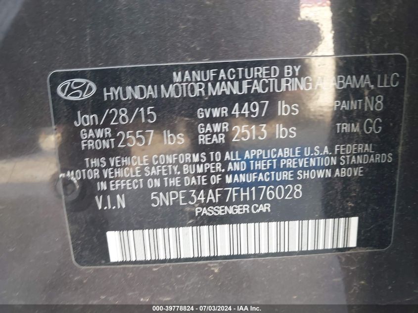 2015 Hyundai Sonata Sport/Limited VIN: 5NPE34AF7FH176028 Lot: 39778824