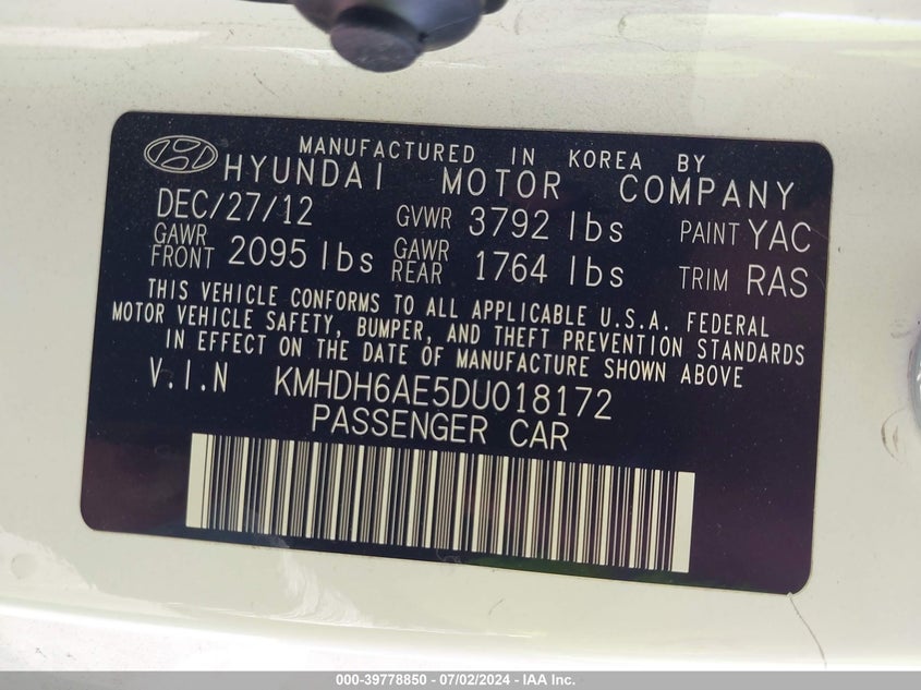 2013 Hyundai Elantra Coupe Gs/Se VIN: KMHDH6AE5DU018172 Lot: 39778850