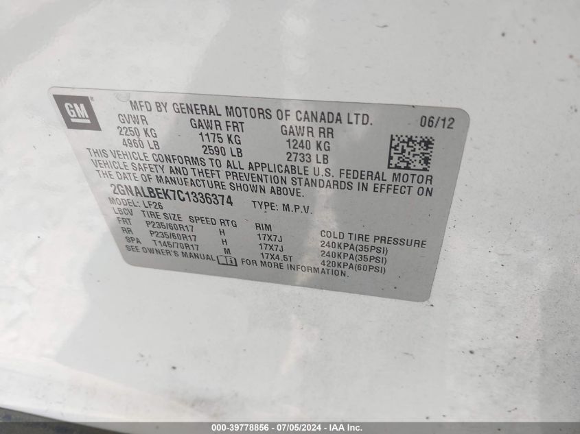 2012 Chevrolet Equinox Ls VIN: 2GNALBEK7C1336374 Lot: 39778856