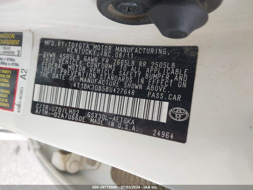 2011 Toyota Avalon Limited VIN: 4T1BK3DB5BU427648 Lot: 39778866